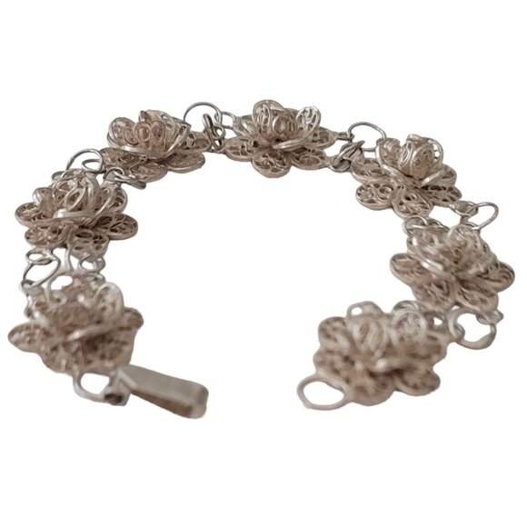 800 Spun Silver Flower Link Chain Bracelet, 8" Long E686 - Picture 3 of 8